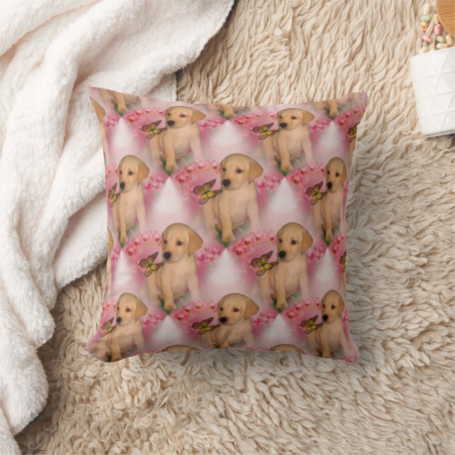 Yellow Lab Puppy Butterfly Animal Pattern Throw Pillow (Blanket)