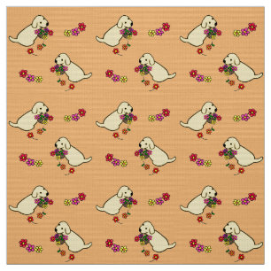 Yellow Lab Puppy Flower Basket Cartoon Fabric