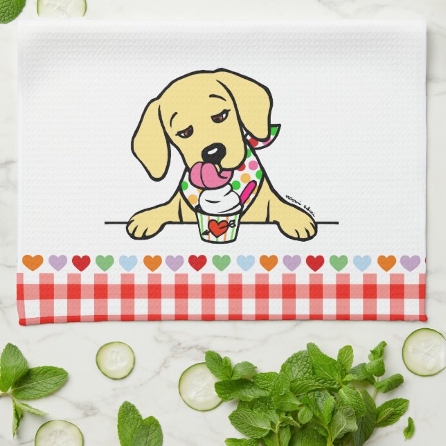 Yellow Lab Puppy Ice Cream Kitchen Towel (Folded)