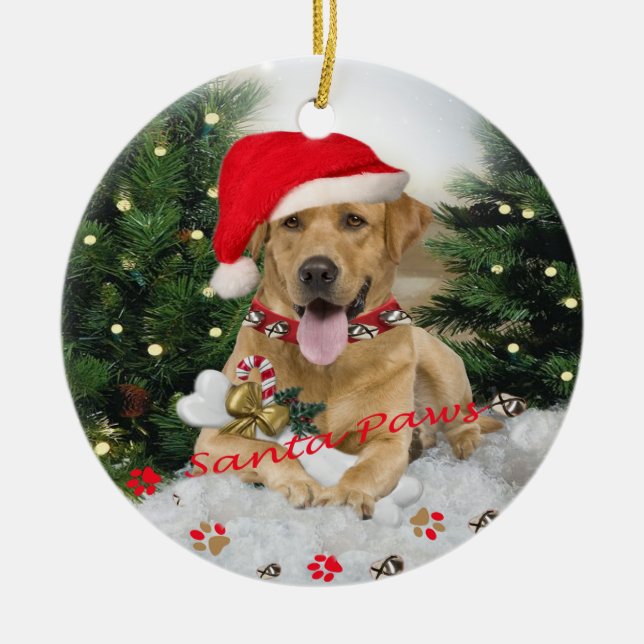Yellow Lab Santa Paws Ornament (Front)
