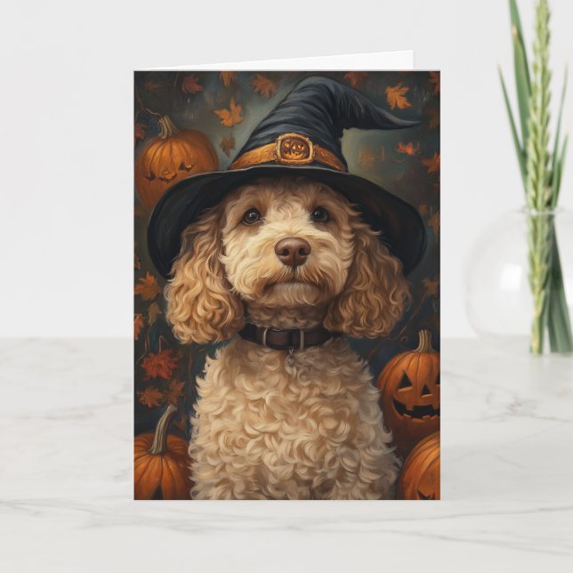 Yellow Labradoodle Halloween Holiday Card (Front)