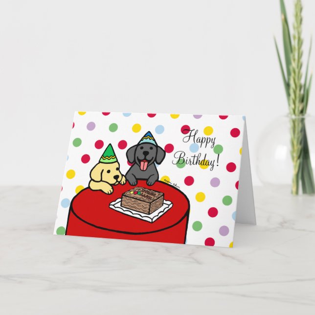 Yellow Labrador and Black Labrador Puppie Birthday Card (Front)