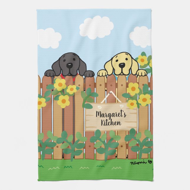 Yellow Labrador and Black Labrador Watching Kitchen Towel (Vertical)