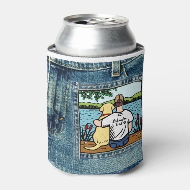 Yellow Labrador and Dad Lake View Can Cooler (Can Front)