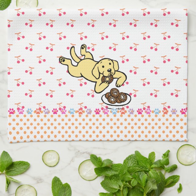 Yellow Labrador and Doughnuts Kitchen Towel (Folded)