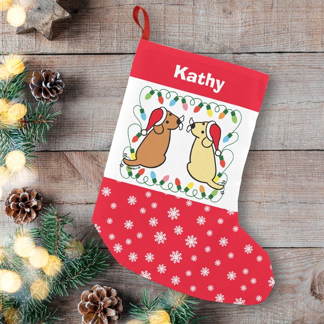 Yellow Labrador and Fox Red Labrador Santas Small Christmas Stocking (Personalized Yellow Labrador and Fox Red Labrador Santas Christmas Stocking for Labrador Owners.)