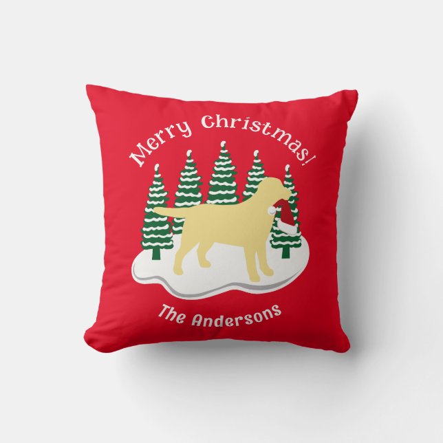 Yellow Labrador Christmas Evergreen Throw Pillow (Front)