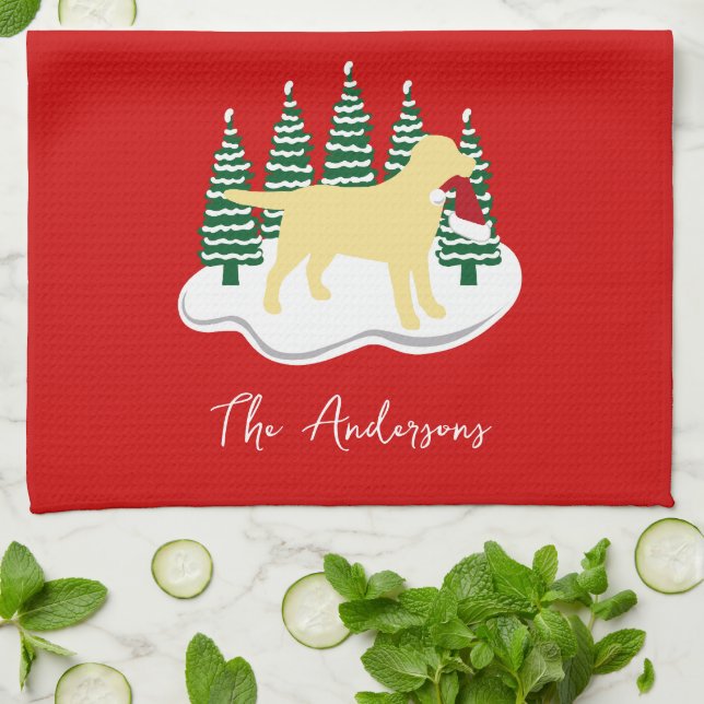 Yellow Labrador Christmas Evergreen Trees Kitchen Towel (Folded)