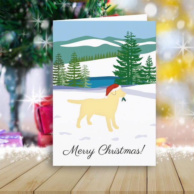 Yellow Labrador Christmas Winter View Holiday Card (Yellow Labrador Winter View Design Christmas Cards for Labrador Owners.  Dog Silhouette Design.)