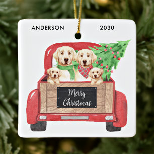 Yellow Labrador Dog Christmas Vintage Red Truck Ceramic Ornament