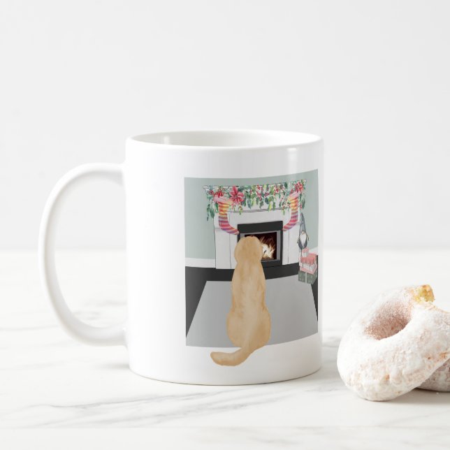 Yellow Labrador Dog In Christmas Fireplace Scene Coffee Mug (With Donut)