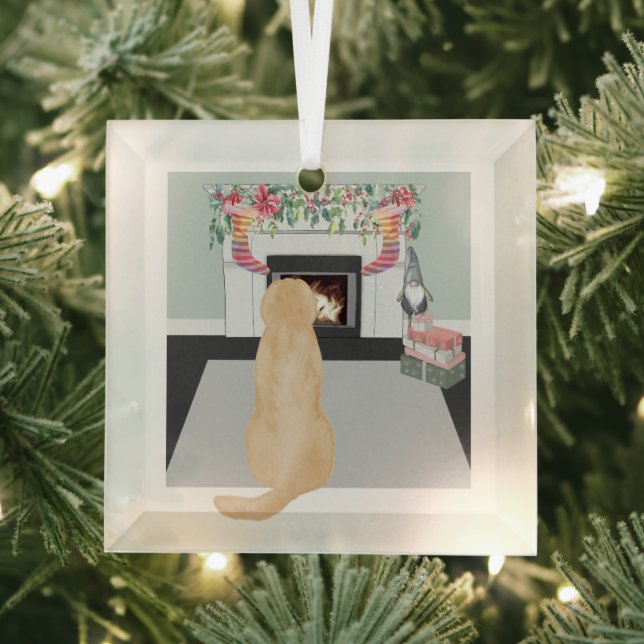 Yellow Labrador Dog In Christmas Fireplace Scene Glass Ornament (Insitu)