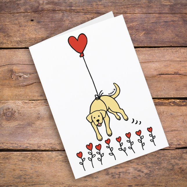 Yellow Labrador Heart Balloon Thank You Holiday Card (Cute Yellow Labrador Heart Balloon Design Thank You Cards for Yellow Labrador Owners.  Cartoon art.)
