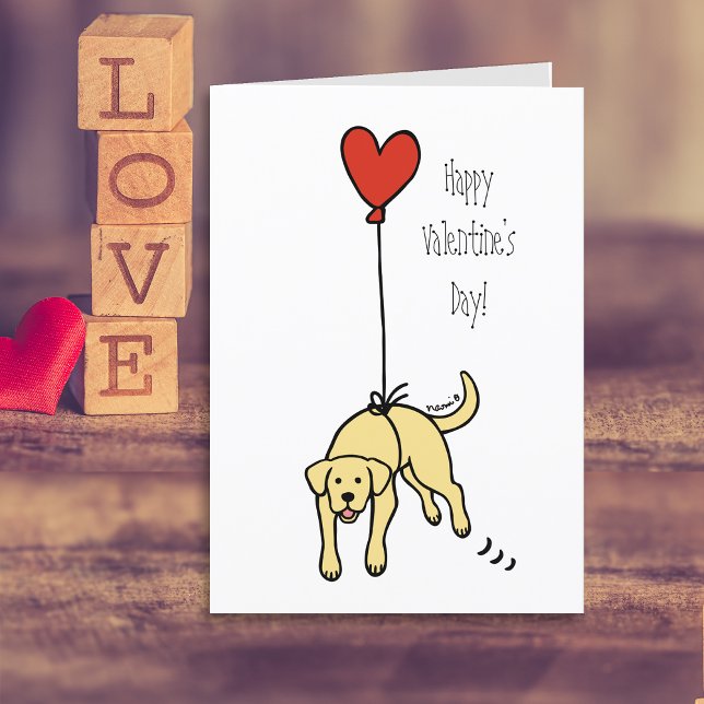 Yellow Labrador Heart Balloon Valentine Holiday Card (Yellow Labrador Heart Balloon Valentine's Day Cards for Labrador Owners.  Cartoon Art Design.)