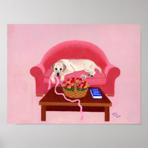 Yellow Labrador on the Pink Couch Artwork Poster