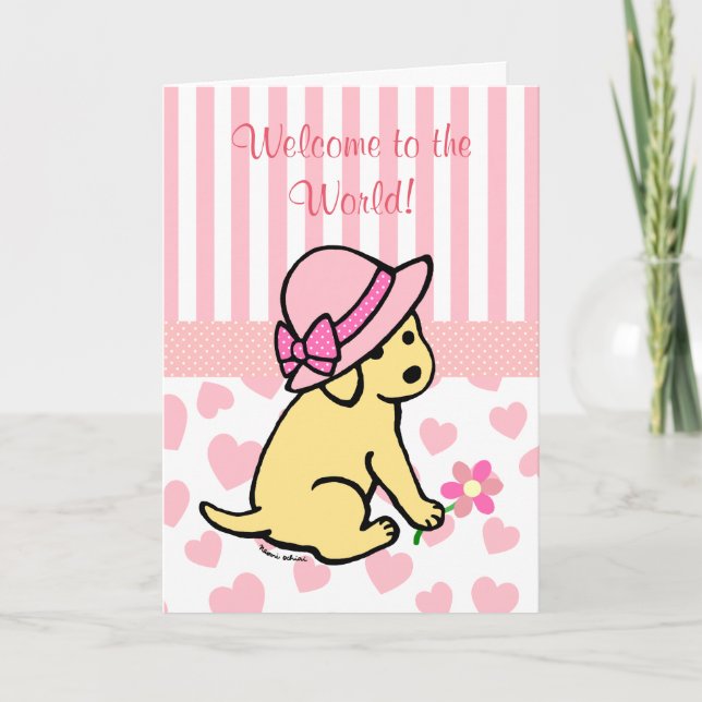 Yellow Labrador Pink New Baby Girl Congratulations Card (Front)