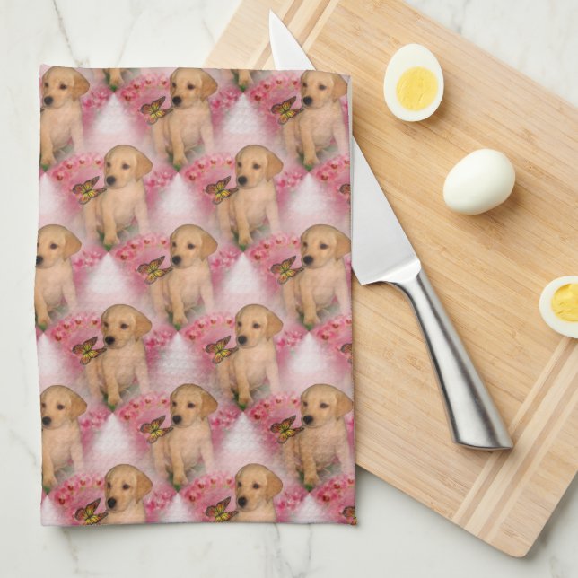 Yellow Labrador Puppy Butterfly Animal Pattern    Kitchen Towel (Quarter Fold)