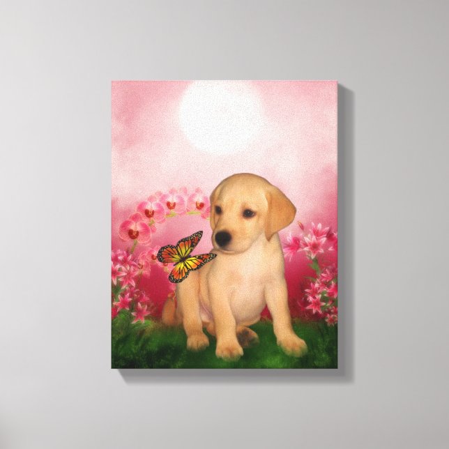 Yellow Labrador Puppy Butterfly Flowers Dog Art Canvas Print (Front)