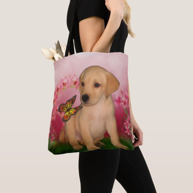 Yellow Labrador Puppy Butterfly Flowers Dog Art  Tote Bag (Close Up)