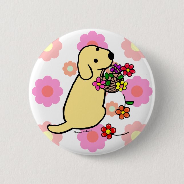 Yellow Labrador Puppy Flower Basket Cartoon 2 Inch Round Button (Front)
