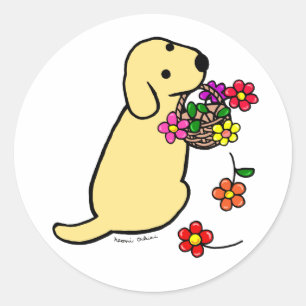 Yellow Labrador Puppy Flower Basket Cartoon Classic Round Sticker