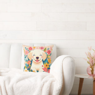 yellow labrador puppy in the middle of flowers throw pillow