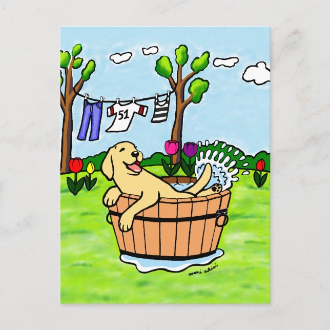 Yellow Labrador Puppy Pool Cartoon Postcard (Front)