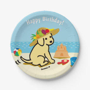 Yellow Labrador Puppy Straw Hat Birthday Paper Plate