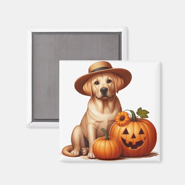 Yellow Labrador Puppy Wearing Hat with Pumpkins Magnet (Front/Back)
