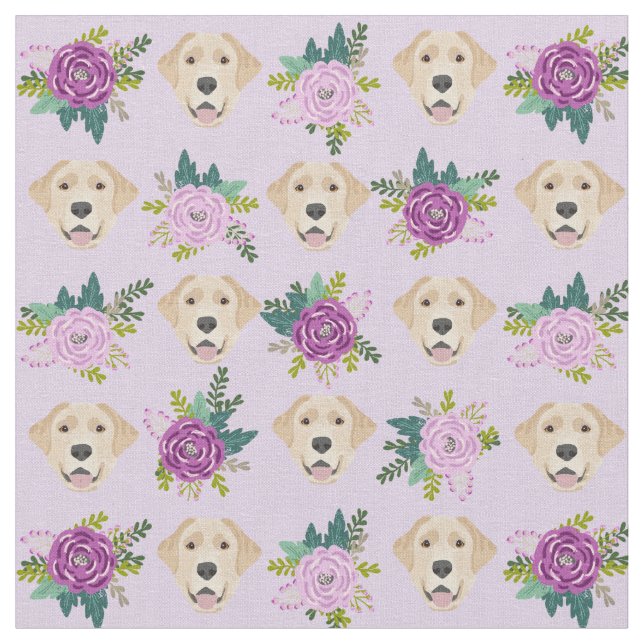 Yellow labrador purple florals pattern fabric (Close Up)