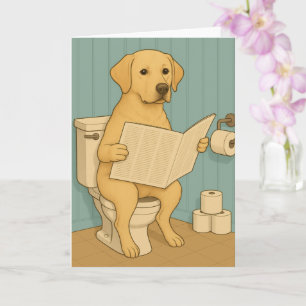 Yellow Labrador Reading Newspaper on Toilet Card