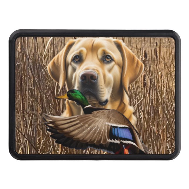 Yellow Labrador Retriever and Flying Mallard Trailer Hitch Cover (Front)
