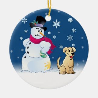 Yellow Labrador Retriever and Snowman Ceramic Ornament