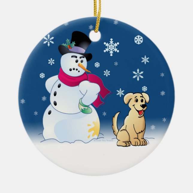 Yellow Labrador Retriever and Snowman Ceramic Ornament (Front)