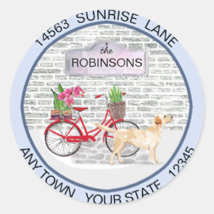 Yellow Labrador Retriever Bicycle Address Moving Classic Round Sticker