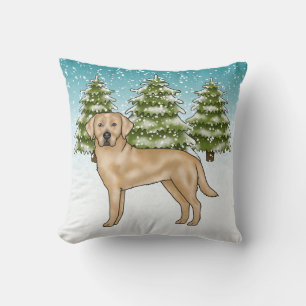 Yellow Labrador Retriever Blue Snow Winter Forest Throw Pillow