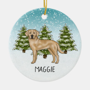 Yellow Labrador Retriever Blue Winter Custom Name Ceramic Ornament