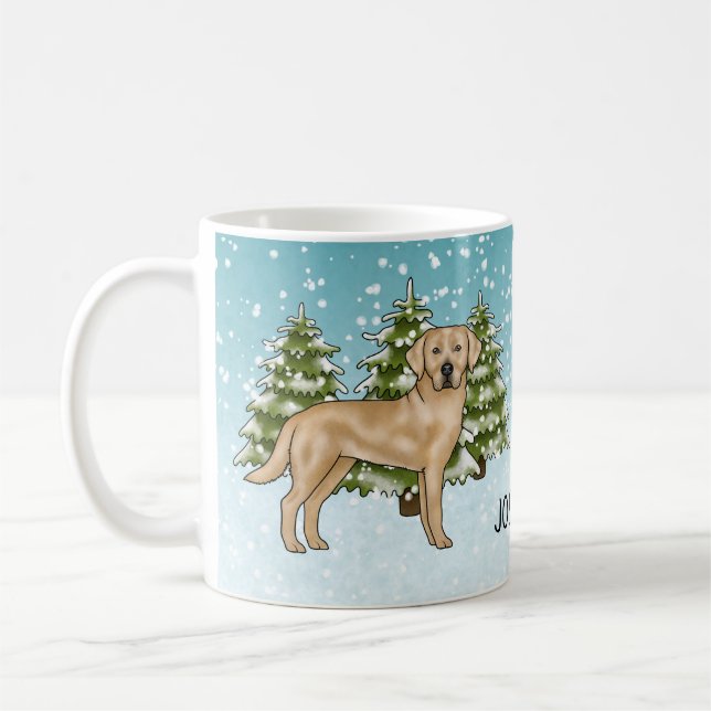 Yellow Labrador Retriever Blue Winter Custom Name Coffee Mug (Left)