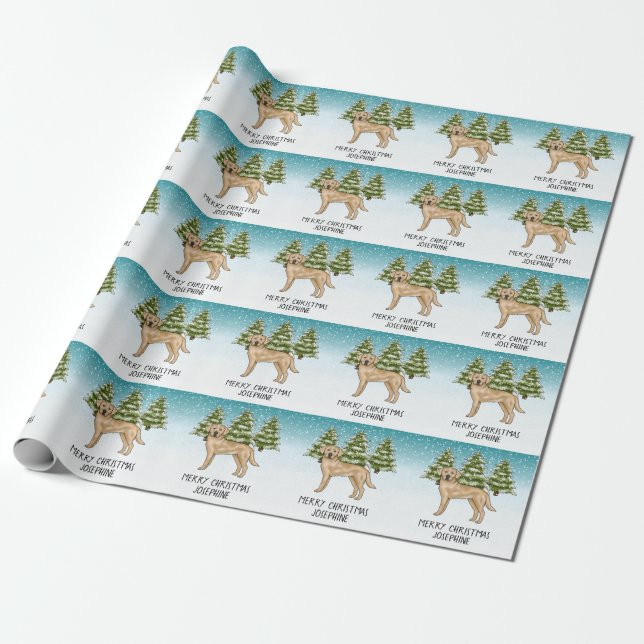 Yellow Labrador Retriever Blue Winter Custom Text Wrapping Paper (Unrolled)