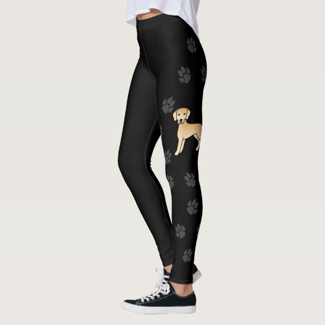 Yellow Labrador Retriever Cartoon Dog & Paws Black Leggings (Left)