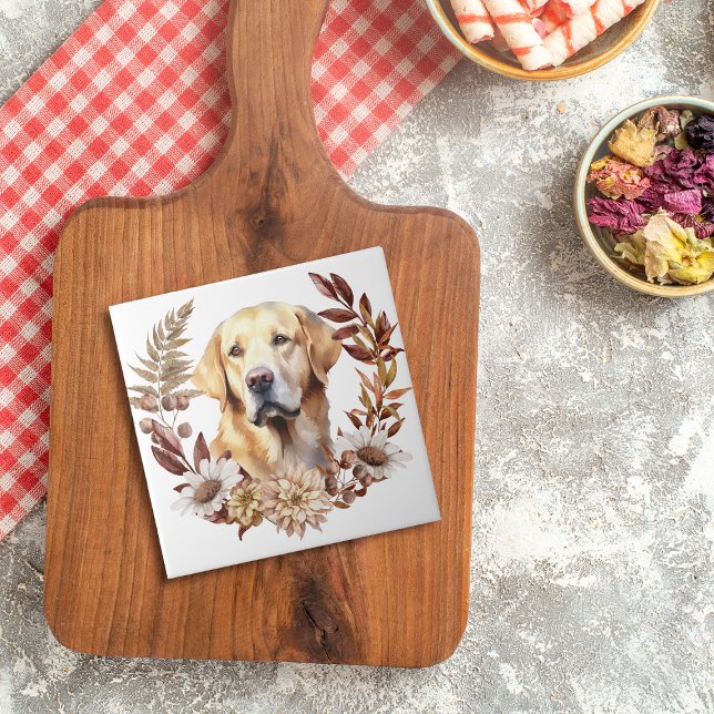 Yellow Labrador Retriever Dog Autumn Wreath Tile (Creator Uploaded)