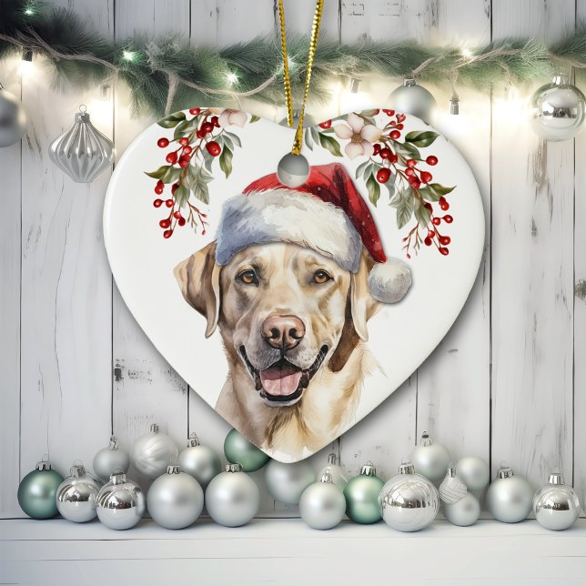 Yellow Labrador Retriever Dog Holly Wreath Ceramic Ornament (Creator Uploaded)