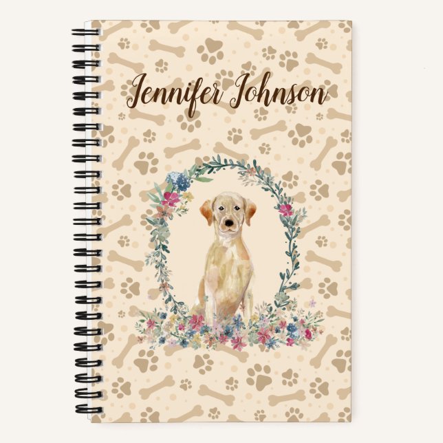 Yellow Labrador Retriever Dog Paw Print & Floral Notebook (Front)