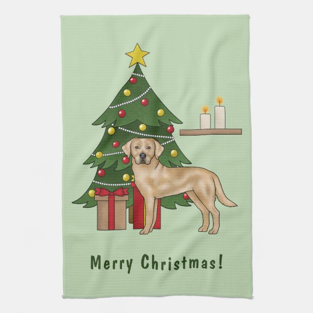 Yellow Labrador Retriever Dog With Christmas Tree Kitchen Towel (Vertical)