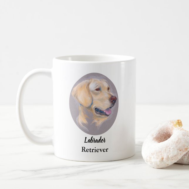 Yellow Labrador Retriever Portrait Personalized Coffee Mug (With Donut)