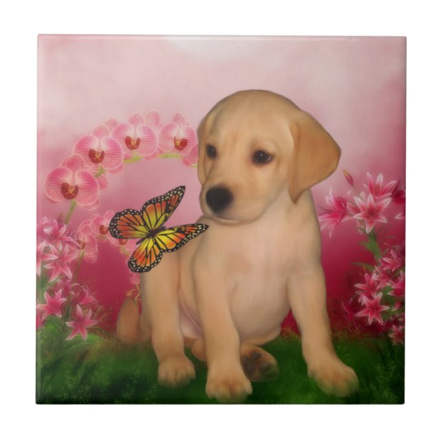 Yellow Labrador Retriever Puppy Butterflies Dog Tile (Front)