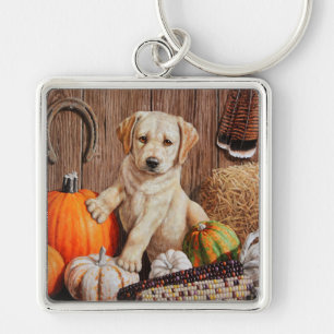 Yellow Labrador Retriever Puppy Dog Pumpkin Autumn Keychain