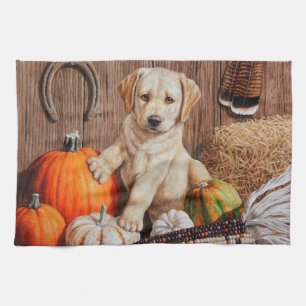 Yellow Labrador Retriever Puppy Dog Pumpkin Autumn Kitchen Towel