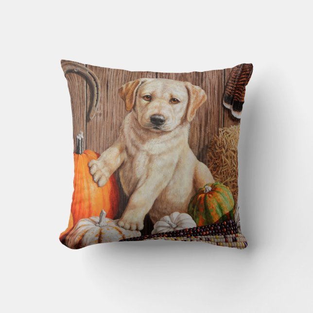 Yellow Labrador Retriever Puppy Dog Pumpkin Autumn Throw Pillow (Front)