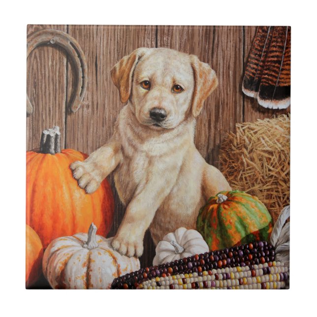 Yellow Labrador Retriever Puppy Dog Pumpkin Autumn Tile (Front)